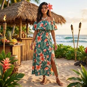Cupshe Tropical Floral Maxi Dress Green Orange Ruffle Off Shoulder Large Boho